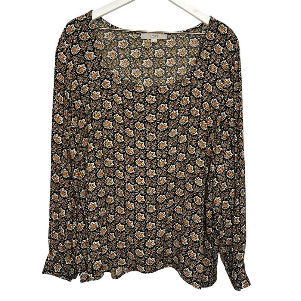 LOFT Square Neck Daisy Floral Blouse size Large Long Sleeve Pullover Top
